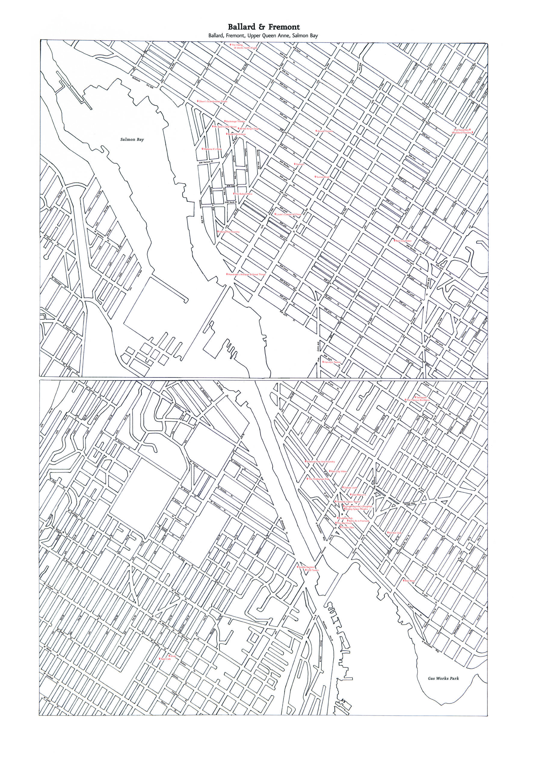 Map of Ballard & Fremont in Seattle, with Upper Queen Anne, and Salmon Bay neighborhoods. Hand-drawn by Joshua Powell.